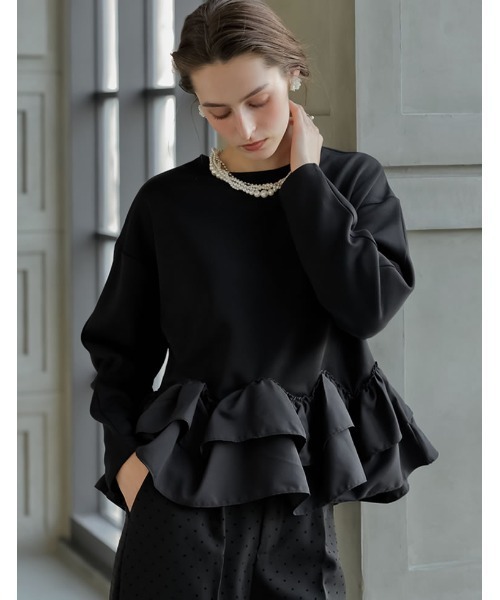 MEISM（ミズム）の「[2026S/S COLLECTION][MEISM by Re:EDIT]ダンボールスウェットウェーブフリル切替プルオーバー（スウェット・レディース・ホワイト/ブラック/グレー・LARGE/MEDIUM）」の3枚目の写真