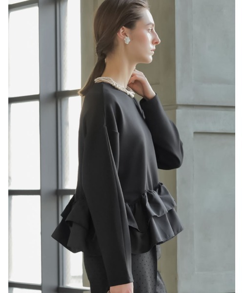 MEISM（ミズム）の「[2026S/S COLLECTION][MEISM by Re:EDIT]ダンボールスウェットウェーブフリル切替プルオーバー（スウェット・レディース・ホワイト/ブラック/グレー・LARGE/MEDIUM）」の5枚目の写真