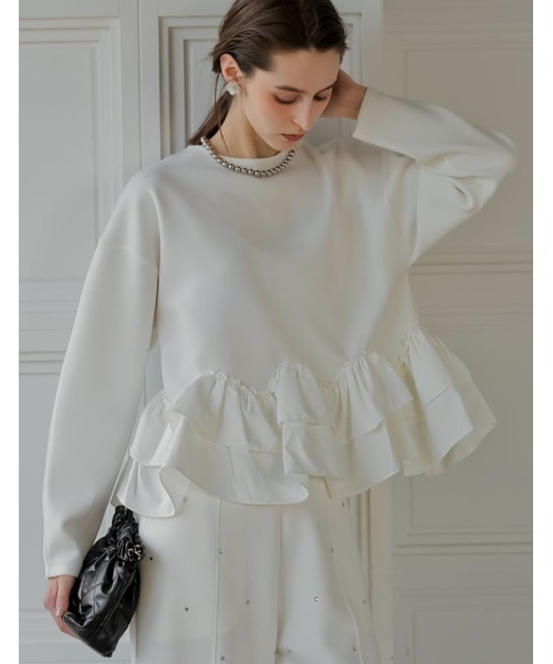 MEISM（ミズム）の「[2026S/S COLLECTION][MEISM by Re:EDIT]ダンボールスウェットウェーブフリル切替プルオーバー（スウェット・レディース・ホワイト/ブラック/グレー・LARGE/MEDIUM）」の13枚目の写真