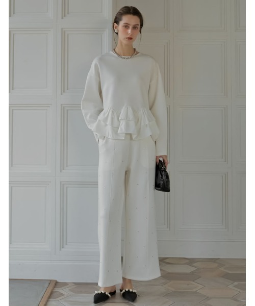 MEISM（ミズム）の「[2026S/S COLLECTION][MEISM by Re:EDIT]ダンボールスウェットウェーブフリル切替プルオーバー（スウェット・レディース・ホワイト/ブラック/グレー・LARGE/MEDIUM）」の9枚目の写真