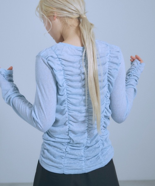 EN NEUME(エンノイム)の「Shirring Cut Cardigan(カーディガン/ボレロ・レディース・ブルー/杢グレー/オフホワイト/ブラック・FREE)」の6枚目の写真