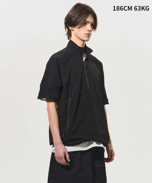 セール】ハーフジップ半袖アノラック[ブラック]（Tシャツ/カットソー