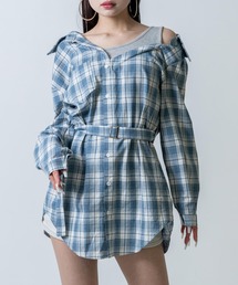 タンクドッキングチェックシャツミニワンピース