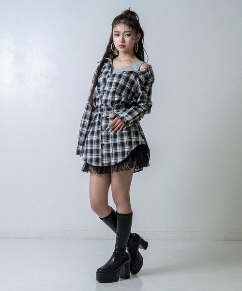 ANAP（アナップ）の「タンクドッキングチェックシャツミニワンピース（ワンピース・レディース・ブラック/ライトブルー・F）」の5枚目の写真