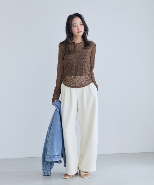 VIS（ビス）の「シャーリングスリーブレースプルオーバー（Tシャツ/カットソー・レディース・ダークブラウン/ホワイト/キナリ・FREE）」の8枚目の写真