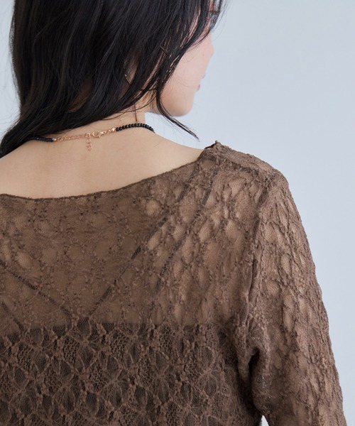 VIS（ビス）の「シャーリングスリーブレースプルオーバー（Tシャツ/カットソー・レディース・ダークブラウン/ホワイト/キナリ・FREE）」の6枚目の写真