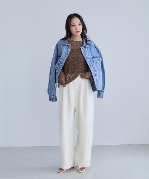 VIS（ビス）の「シャーリングスリーブレースプルオーバー（Tシャツ/カットソー・レディース・ダークブラウン/ホワイト/キナリ・FREE）」の9枚目の写真