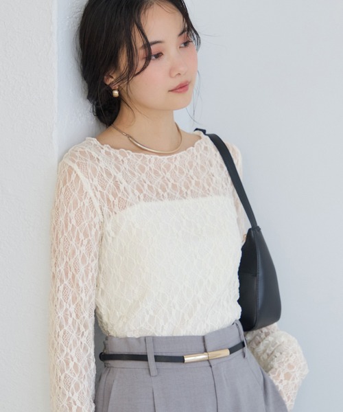 VIS（ビス）の「シャーリングスリーブレースプルオーバー（Tシャツ/カットソー・レディース・ダークブラウン/ホワイト/キナリ・FREE）」の13枚目の写真