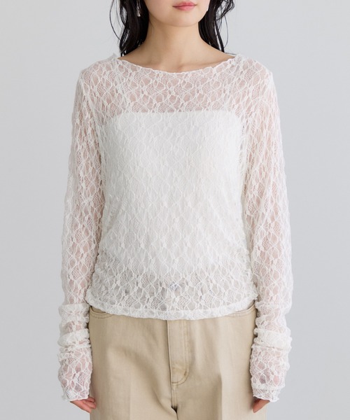 VIS（ビス）の「シャーリングスリーブレースプルオーバー（Tシャツ/カットソー・レディース・ダークブラウン/ホワイト/キナリ・FREE）」の17枚目の写真