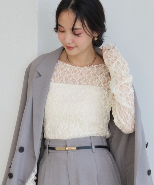 VIS（ビス）の「シャーリングスリーブレースプルオーバー（Tシャツ/カットソー・レディース・ダークブラウン/ホワイト/キナリ・FREE）」の15枚目の写真