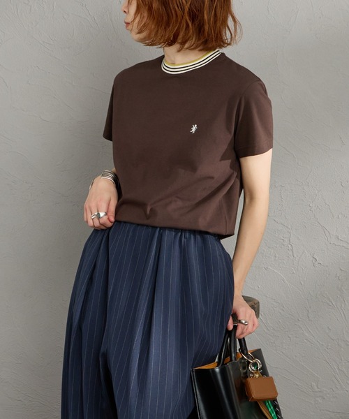 GYMPHLEX（ジムフレックス）の「[GYMPHLEX/ジムフレックス] ラインリブ ショートスリーブリンガーTシャツ（Tシャツ/カットソー・レディース・ブラウン/ネイビー/ベージュ・14）」の2枚目の写真