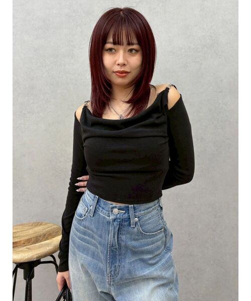 EVRIS(エヴリス)の「チェーンドレープリブトップス 春服(Tシャツ/カットソー・レディース・ホワイト/グリーン/ブラック・FREE)」の5枚目の写真