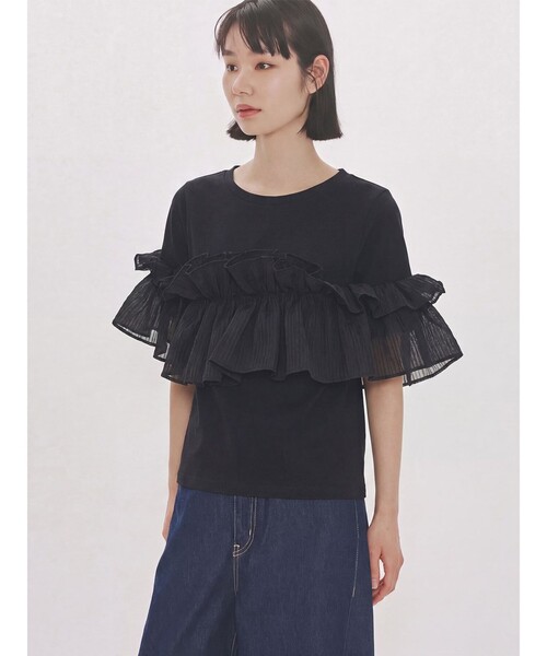 MIDIUMISOLID（ミディウミソリッド）の「MIDIUMISOLID for Ladies シフトフリルTシャツ（Tシャツ/カットソー・レディース・ブラック/オフホワイト・FREE）」の2枚目の写真