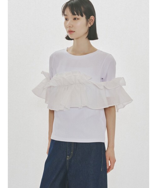 MIDIUMISOLID（ミディウミソリッド）の「MIDIUMISOLID for Ladies シフトフリルTシャツ（Tシャツ/カットソー・レディース・ブラック/オフホワイト・FREE）」の19枚目の写真