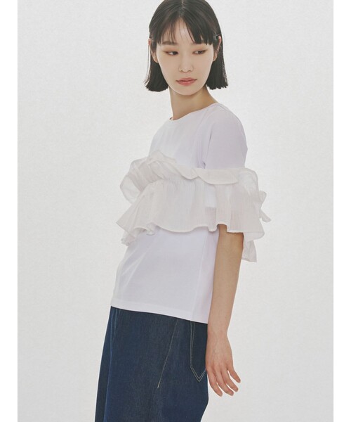 MIDIUMISOLID（ミディウミソリッド）の「MIDIUMISOLID for Ladies シフトフリルTシャツ（Tシャツ/カットソー・レディース・ブラック/オフホワイト・FREE）」の18枚目の写真