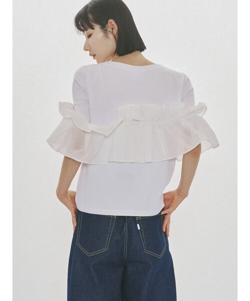 MIDIUMISOLID（ミディウミソリッド）の「MIDIUMISOLID for Ladies シフトフリルTシャツ（Tシャツ/カットソー・レディース・ブラック/オフホワイト・FREE）」の17枚目の写真