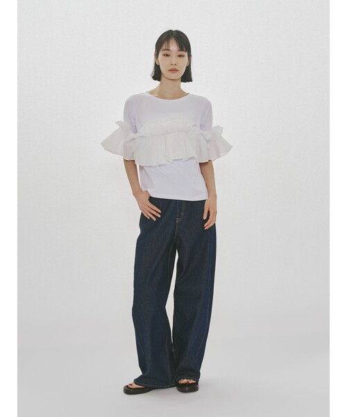 MIDIUMISOLID（ミディウミソリッド）の「MIDIUMISOLID for Ladies シフトフリルTシャツ（Tシャツ/カットソー・レディース・ブラック/オフホワイト・FREE）」の16枚目の写真