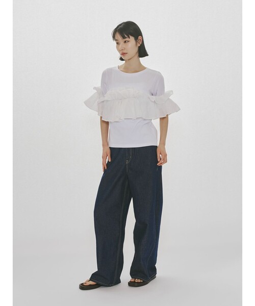 MIDIUMISOLID（ミディウミソリッド）の「MIDIUMISOLID for Ladies シフトフリルTシャツ（Tシャツ/カットソー・レディース・ブラック/オフホワイト・FREE）」の15枚目の写真