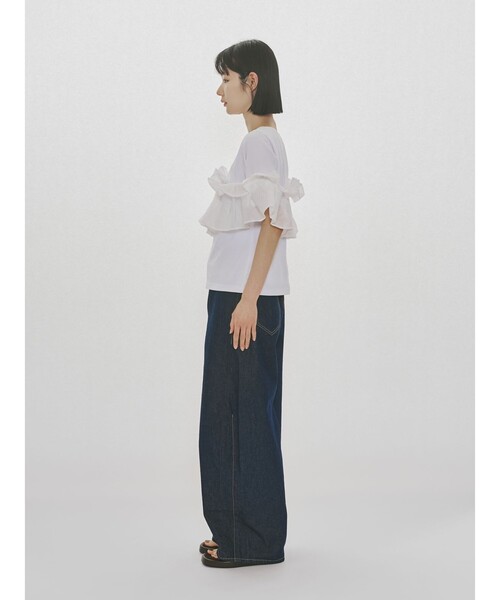 MIDIUMISOLID（ミディウミソリッド）の「MIDIUMISOLID for Ladies シフトフリルTシャツ（Tシャツ/カットソー・レディース・ブラック/オフホワイト・FREE）」の14枚目の写真