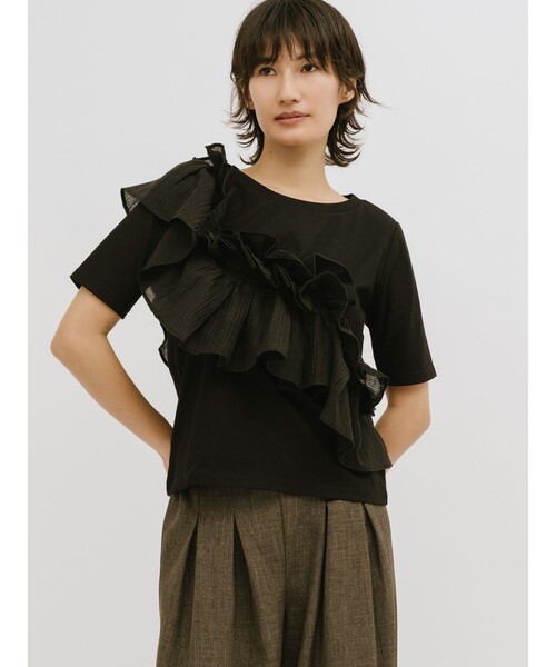 MIDIUMISOLID（ミディウミソリッド）の「MIDIUMISOLID for Ladies シフトフリルTシャツ（Tシャツ/カットソー・レディース・ブラック/オフホワイト・FREE）」の12枚目の写真
