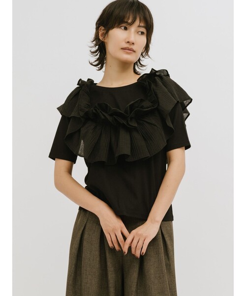 MIDIUMISOLID（ミディウミソリッド）の「MIDIUMISOLID for Ladies シフトフリルTシャツ（Tシャツ/カットソー・レディース・ブラック/オフホワイト・FREE）」の10枚目の写真