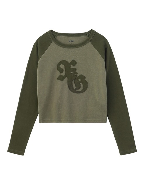 X-girl(エックスガール)の「PIGMENT DYED PATCH RAGLAN L/S BABY TEE(Tシャツ/カットソー・レディース・ブラック/オリーブ・S/M)」の1枚目の写真