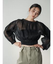 Sheer check gathered blouse