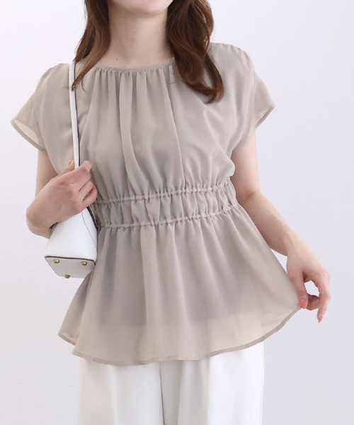 Pierrot(ピエロ)の「【接触冷感インナー付き】ウエストシャーリングシフォンブラウス(シャツ/ブラウス・レディース・ネイビー/チャコール/ブルー系その他/グレイッシュベージュ・LL/L/M)」の6枚目の写真
