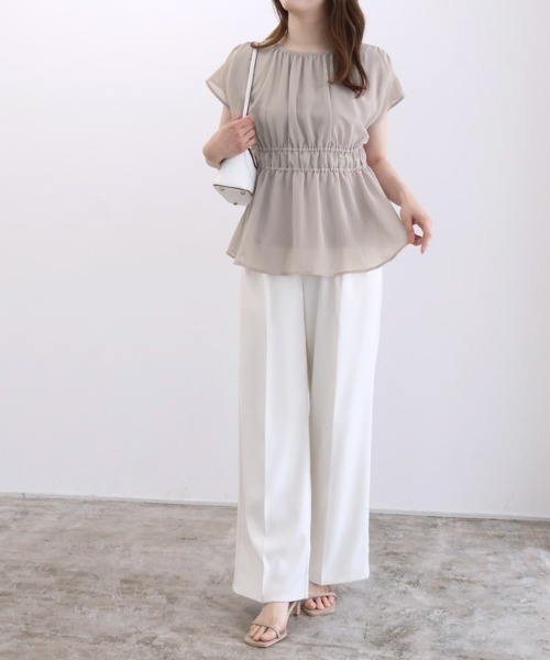 Pierrot(ピエロ)の「【接触冷感インナー付き】ウエストシャーリングシフォンブラウス(シャツ/ブラウス・レディース・ネイビー/チャコール/ブルー系その他/グレイッシュベージュ・LL/L/M)」の8枚目の写真