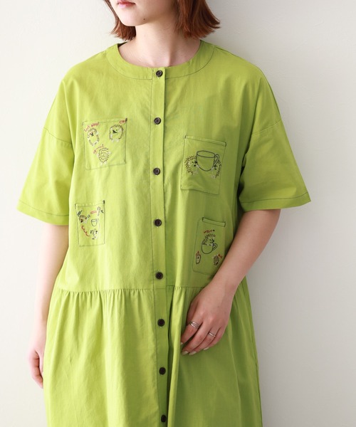 Emago(イマゴ)の「EMAGO カップ取り刺繍ワンピース 半袖(シャツワンピース・レディース・グリーン/ホワイト/スミクロ・FREE)」の3枚目の写真