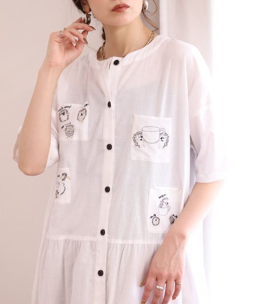 Emago(イマゴ)の「EMAGO カップ取り刺繍ワンピース 半袖(シャツワンピース・レディース・グリーン/ホワイト/スミクロ・FREE)」の6枚目の写真
