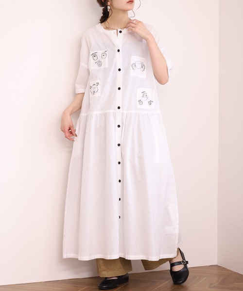 Emago(イマゴ)の「EMAGO カップ取り刺繍ワンピース 半袖(シャツワンピース・レディース・グリーン/ホワイト/スミクロ・FREE)」の7枚目の写真