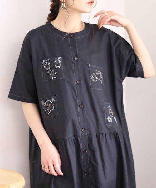Emago(イマゴ)の「EMAGO カップ取り刺繍ワンピース 半袖(シャツワンピース・レディース・グリーン/ホワイト/スミクロ・FREE)」の11枚目の写真