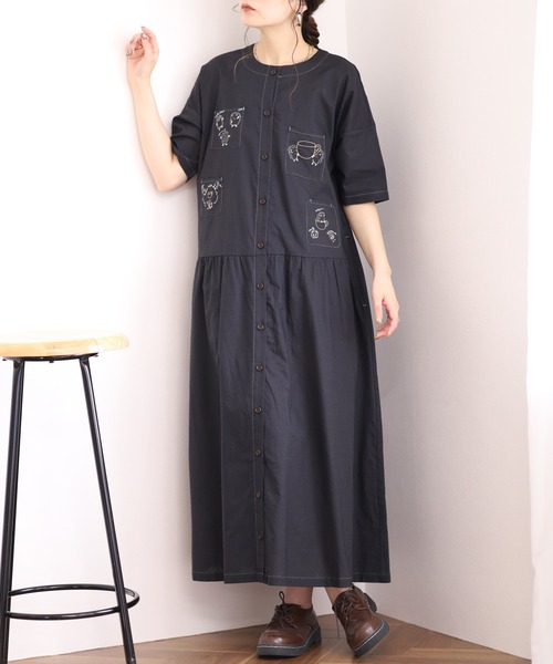 Emago(イマゴ)の「EMAGO カップ取り刺繍ワンピース 半袖(シャツワンピース・レディース・グリーン/ホワイト/スミクロ・FREE)」の5枚目の写真