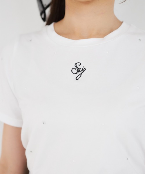 Suyunn(スユン)の「リボン付きストーン&パール装飾ロゴ刺繍入りTシャツ(Tシャツ/カットソー・レディース・ピンク/ホワイト・M)」の7枚目の写真