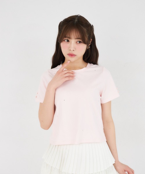 Suyunn(スユン)の「リボン付きストーン&パール装飾ロゴ刺繍入りTシャツ(Tシャツ/カットソー・レディース・ピンク/ホワイト・M)」の14枚目の写真