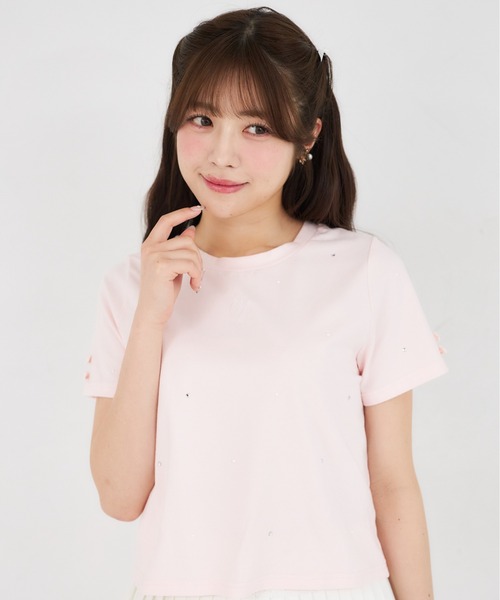 Suyunn(スユン)の「リボン付きストーン&パール装飾ロゴ刺繍入りTシャツ(Tシャツ/カットソー・レディース・ピンク/ホワイト・M)」の15枚目の写真