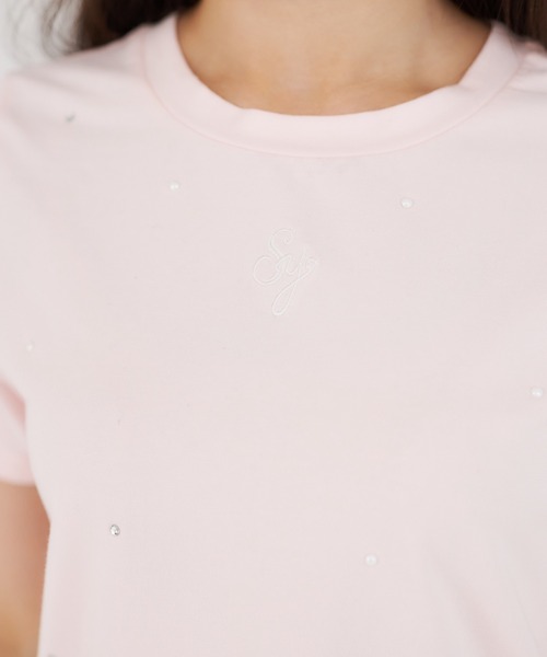Suyunn(スユン)の「リボン付きストーン&パール装飾ロゴ刺繍入りTシャツ(Tシャツ/カットソー・レディース・ピンク/ホワイト・M)」の16枚目の写真