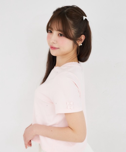 Suyunn(スユン)の「リボン付きストーン&パール装飾ロゴ刺繍入りTシャツ(Tシャツ/カットソー・レディース・ピンク/ホワイト・M)」の18枚目の写真