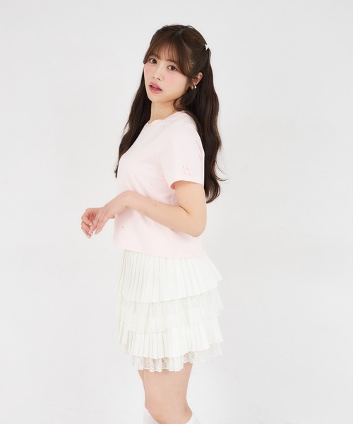 Suyunn(スユン)の「リボン付きストーン&パール装飾ロゴ刺繍入りTシャツ(Tシャツ/カットソー・レディース・ピンク/ホワイト・M)」の17枚目の写真