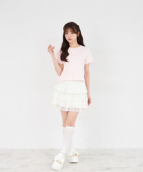 Suyunn(スユン)の「リボン付きストーン&パール装飾ロゴ刺繍入りTシャツ(Tシャツ/カットソー・レディース・ピンク/ホワイト・M)」の12枚目の写真