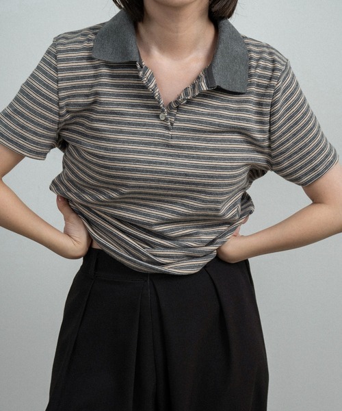 lawgy(ラウジー)の「two tone color half button border / ツートーンカラーハーフボタンボーダー(ポロシャツ・レディース・アイボリー/チャコールグレー/ライトグレー・FREE)」の3枚目の写真