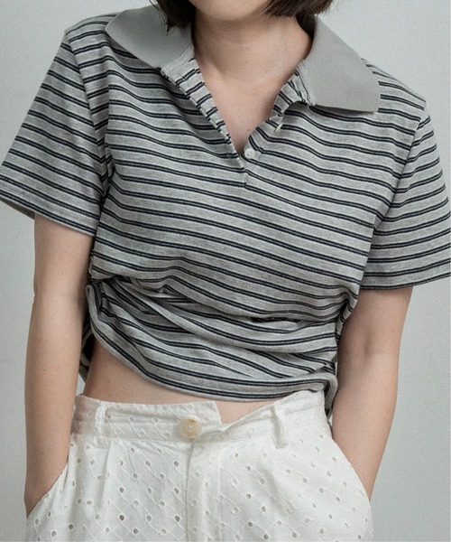 lawgy(ラウジー)の「two tone color half button border / ツートーンカラーハーフボタンボーダー(ポロシャツ・レディース・アイボリー/チャコールグレー/ライトグレー・FREE)」の1枚目の写真