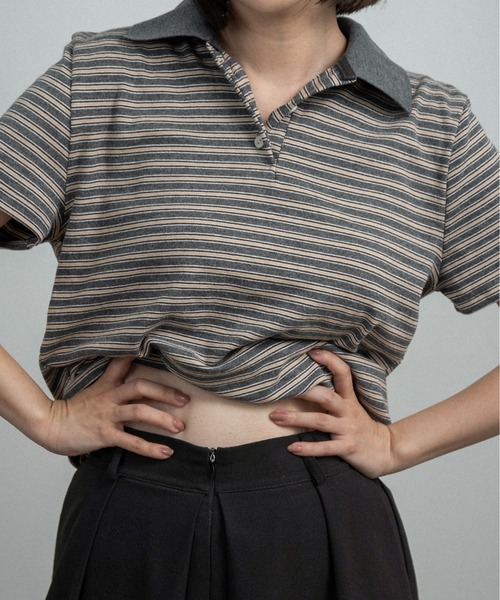 lawgy(ラウジー)の「two tone color half button border / ツートーンカラーハーフボタンボーダー(ポロシャツ・レディース・アイボリー/チャコールグレー/ライトグレー・FREE)」の14枚目の写真
