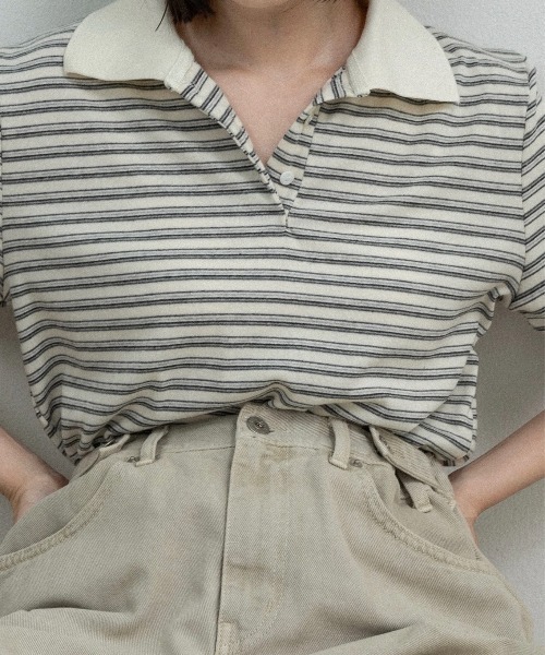lawgy(ラウジー)の「two tone color half button border / ツートーンカラーハーフボタンボーダー(ポロシャツ・レディース・アイボリー/チャコールグレー/ライトグレー・FREE)」の6枚目の写真