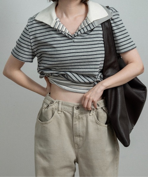 lawgy(ラウジー)の「two tone color half button border / ツートーンカラーハーフボタンボーダー(ポロシャツ・レディース・アイボリー/チャコールグレー/ライトグレー・FREE)」の20枚目の写真