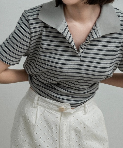 lawgy(ラウジー)の「two tone color half button border / ツートーンカラーハーフボタンボーダー(ポロシャツ・レディース・アイボリー/チャコールグレー/ライトグレー・FREE)」の10枚目の写真