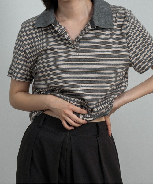 lawgy(ラウジー)の「two tone color half button border / ツートーンカラーハーフボタンボーダー(ポロシャツ・レディース・アイボリー/チャコールグレー/ライトグレー・FREE)」の13枚目の写真