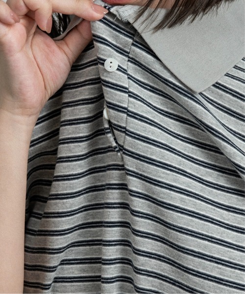 lawgy(ラウジー)の「two tone color half button border / ツートーンカラーハーフボタンボーダー(ポロシャツ・レディース・アイボリー/チャコールグレー/ライトグレー・FREE)」の12枚目の写真