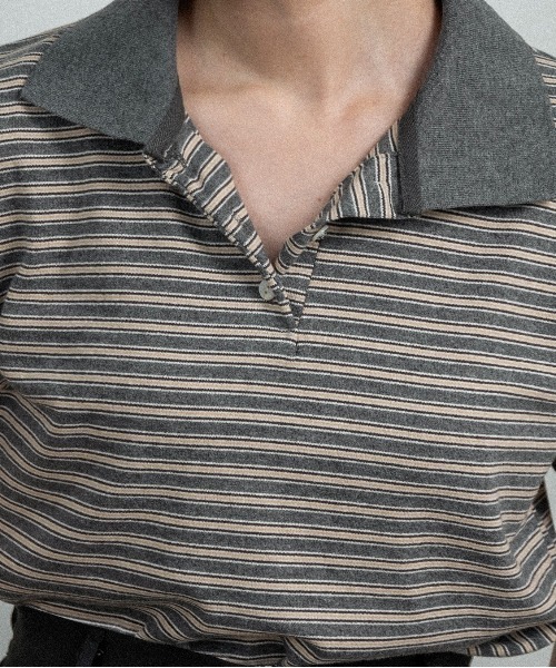 lawgy(ラウジー)の「two tone color half button border / ツートーンカラーハーフボタンボーダー(ポロシャツ・レディース・アイボリー/チャコールグレー/ライトグレー・FREE)」の16枚目の写真